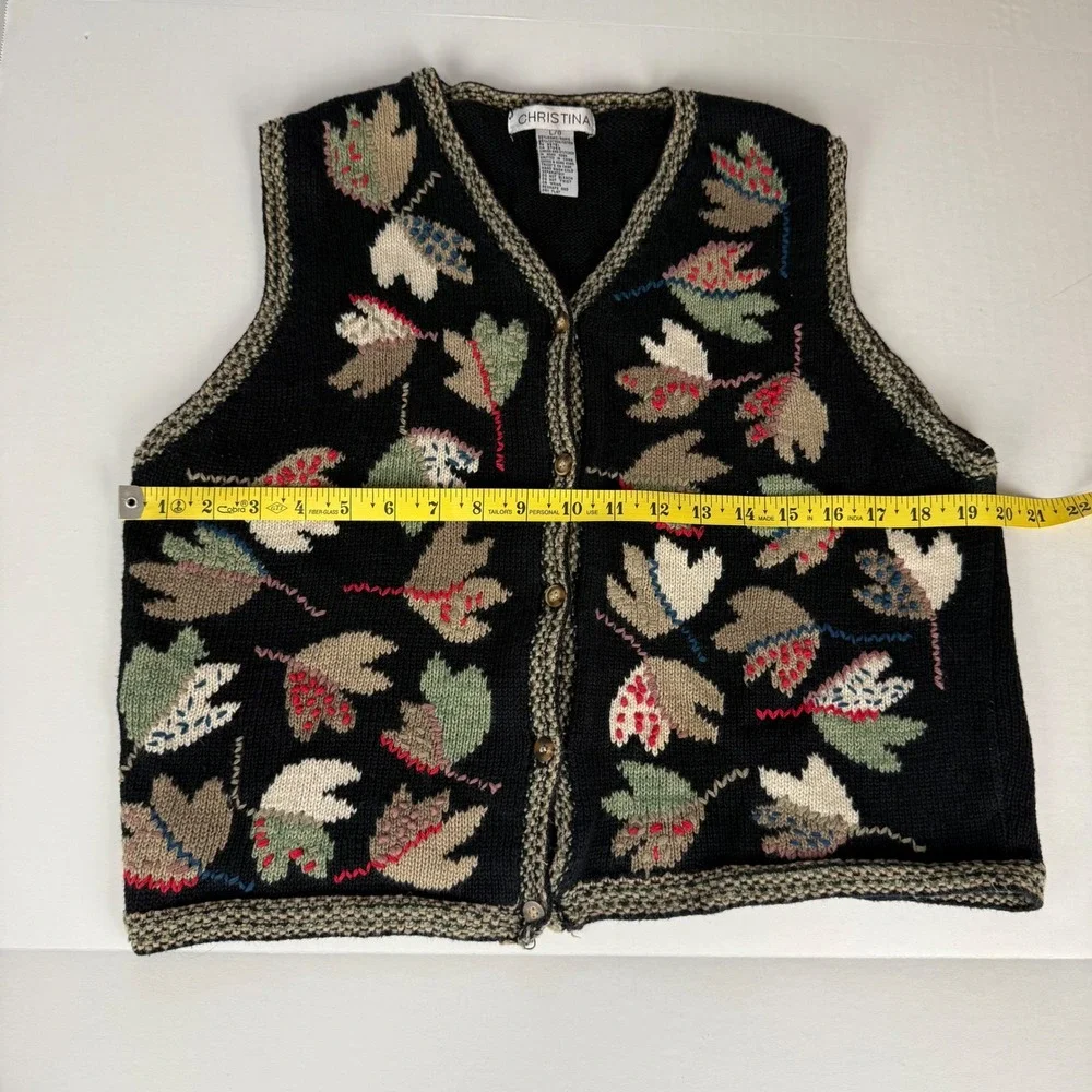 Christina Vintage Black Knit Leaf Sweater Vest Womens Ramie Cotton Fall M / L